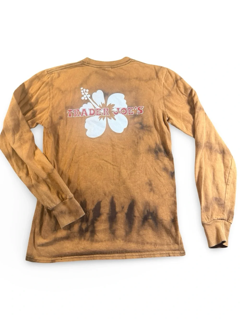 Trader Joe's Long Sleeve Shirt Brown Tie Dye Hibiscus Logo Port & Company Small - Picture 4 of 13
